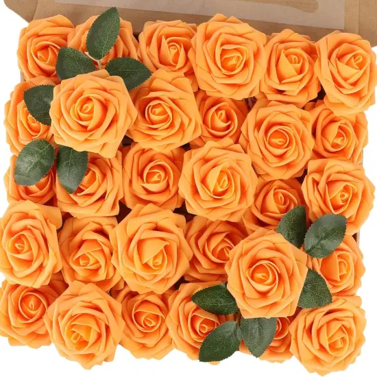 Artificial Rose Flowers 30PCS Real Touch Fake Flowers with Stem Orange Faux {1}