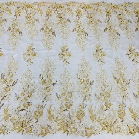 1 Yard Beaded Lace Fabric Embroidered on 100% Polyester Net Mesh, Gold, 52" Width, Premium Lace Fabric for Dresses & Crafts White {5}