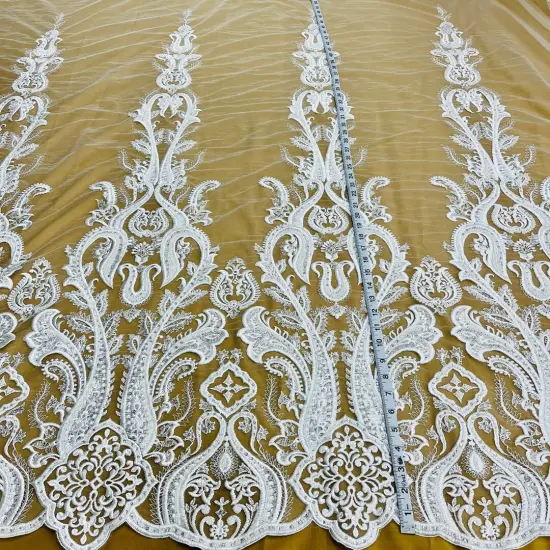 1 Yard Gold Beaded Lace Fabric Embroidered on Polyester Mesh, 50" Wide Decorative Fabrication White {1}