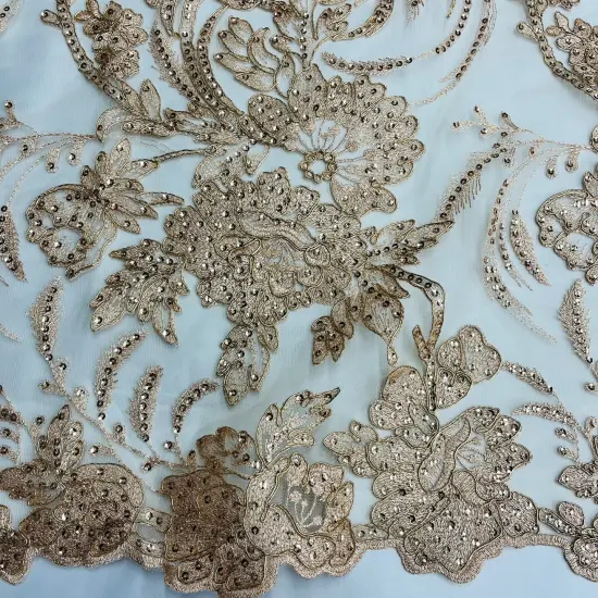 1 Yard Luxurious Corded and Sequined Bridal Lace Fabric Embroidered on 100% Polyester Net Mesh 54" Width Silver {5}