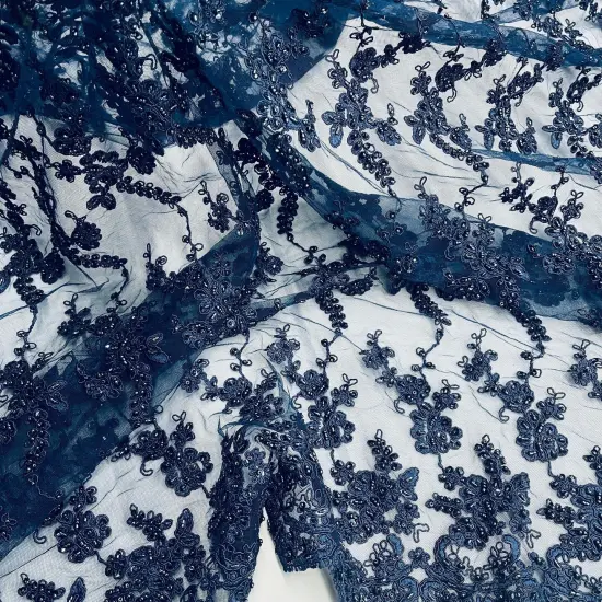 1 Yard Elegant Beaded and Corded Lace Fabric Embroidered on Polyester Net Mesh 54" Width Navy {4}