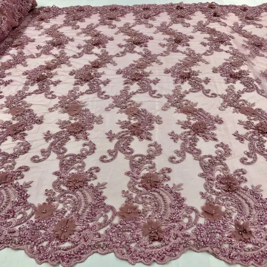 1 Yard Sage 3D Beaded Floral Embroidered Lace Fabric on Polyester Mesh, 52&rdquo; Wide Dusty Rose {1}