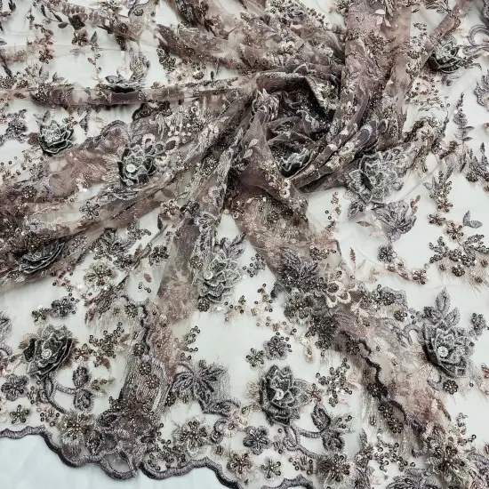 1 Yard Beaded Rhinestone 3D Floral Lace Fabric for Bridal Dresses Dance Costumes 50" Width Blue/Grey {3}