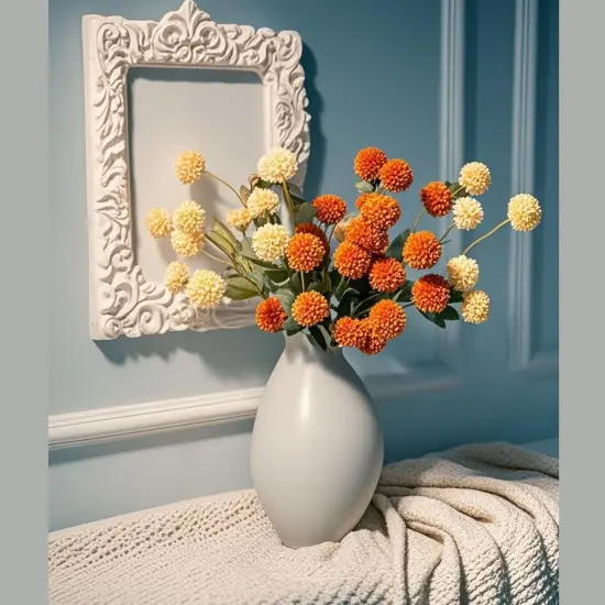Pompon Mum Artificial Flowers, Orange Silk Faux Chrysanthemum Balls Fall Mini Chrysanth {2}