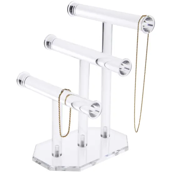 Plymor Clear Acrylic 3-Tier T-Bar Necklace & Bracelet Display Stand, 10.75" H x 8" W x 8" D {3}
