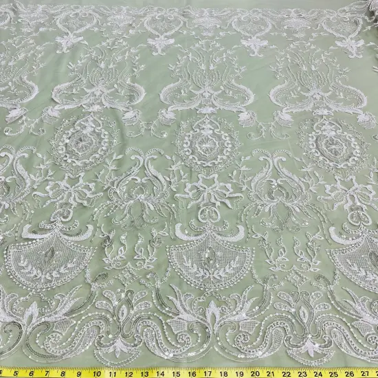 1 Yard Beaded Lace Fabric Embroidered on 100% Polyester Net Mesh, 51" Wide, Premium Lace Fabric for Dresses & Crafts Ivory {1}
