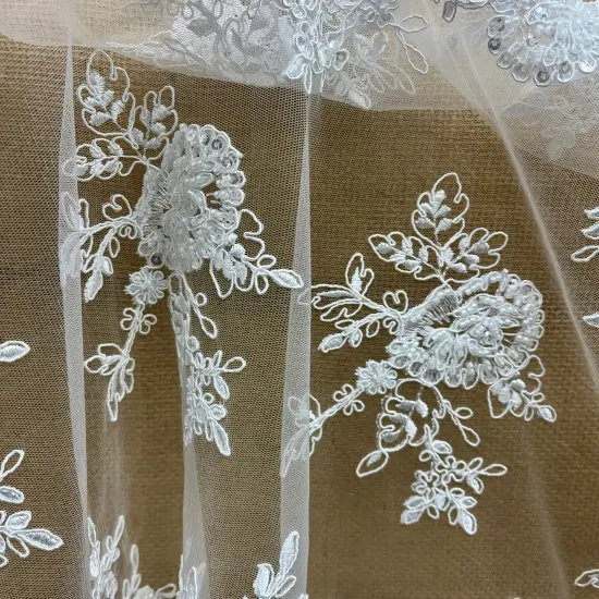 1 Yard Beaded & Corded Bridal Lace Fabric on 100% Polyester Net Mesh, Embroidered, 49" Wide, Elegant Wedding Fabric White {2}