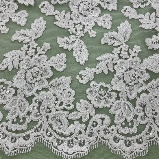 1 Yard Beaded & Corded Embroidered Bridal Lace Fabric, 100% Polyester Net Mesh, 52"-54" Wide Ivory {1}