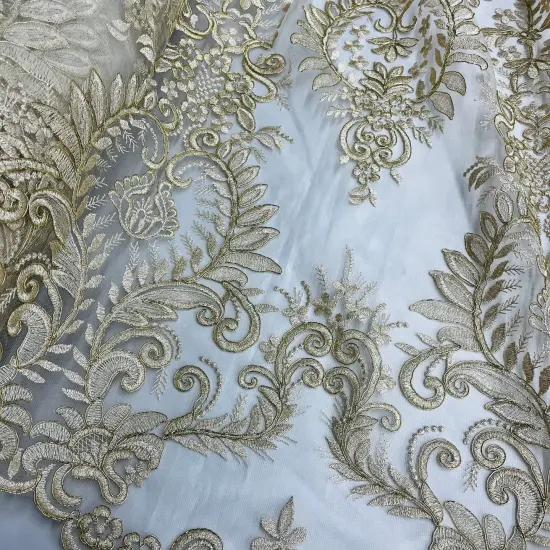 1 Yard Elegant Corded Bridal Lace Fabric Embroidered on 100% Polyester Net Mesh 52" Width Gold {4}