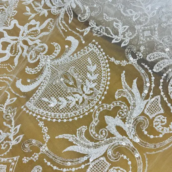 1 Yard Beaded Lace Fabric Embroidered on 100% Polyester Net Mesh, 51" Wide, Premium Lace Fabric for Dresses & Crafts Ivory {2}