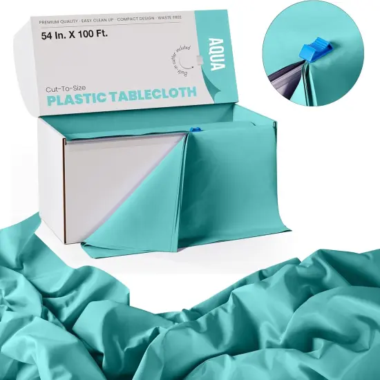 Exquisite Party Solids 54" x 100' Plastic Table Cover Roll with Slide Cutter &ndash; Cut-to-Size Dispenser Box &ndash; Makes Up to 36 Disposable 8' Rectangle Tablecloths Aqua {3}