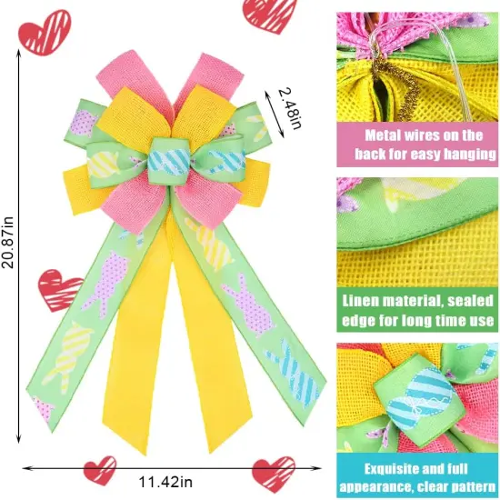 Happy Easter Large Wreath Bows for Front Door Decorations, Pink Yellow Holiday Bow Green Easter Bunny Bows {2}