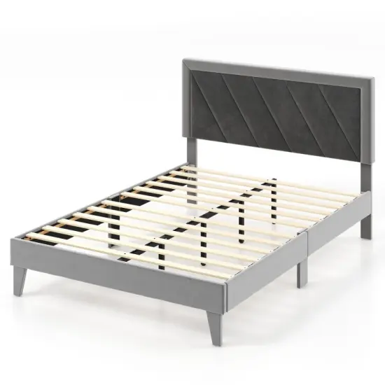 Full/Queen Platform Bed with High Headboard, Wooden Slats, Sturdy Frame, Modern Design {1}