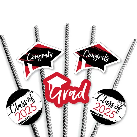 Big Dot of Happiness Red 2025 Graduation Paper Straw Decor - Party Striped Decorative Straws - Set of 24 {6}