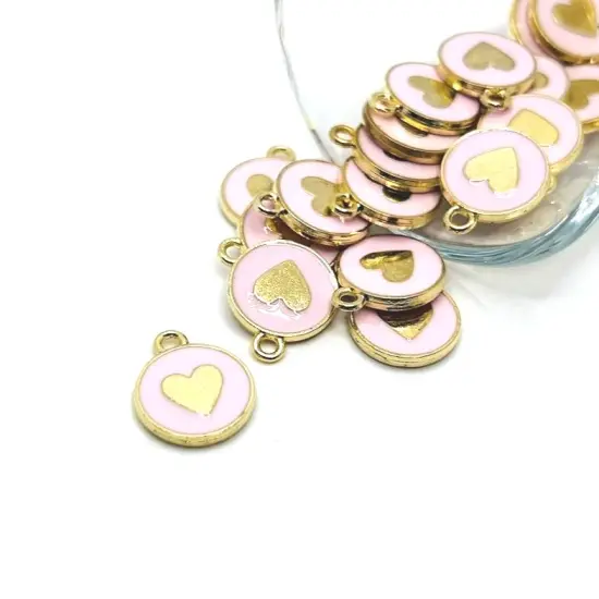 1, 4, 20 or 50 Pieces: Pink and Gold Round Heart Charms - Double Sided {1}