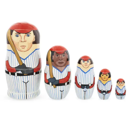 Set of 5 Baseball Wooden Nesting Dolls 6 Inches {1}