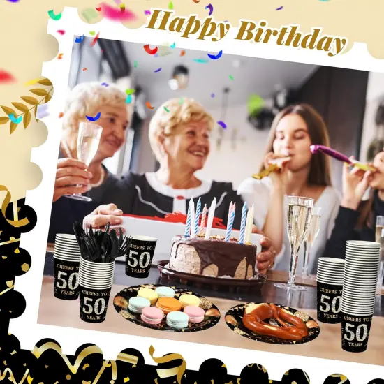 240 Pcs 50th Birthday Party Tableware Sets Include Plates Napkins 9oz Cups Cutlery Anniversary Dinnerware Party Supplies for Men Women Him Her, Serve 30 Guests (Black Gold) {4}