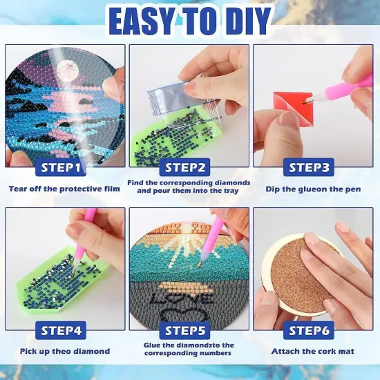 Beach Diamond Art Coasters Kit for Adults - 8 Pcs Diamond Painting Coasters Kit with Holder,Moon Landscape Diamond Art Kits for Adults Coasters Arts and Crafts Kits for Gifts {3}
