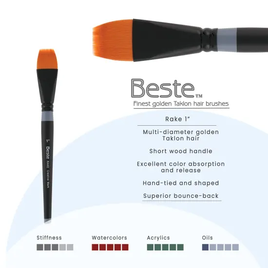 Creative Mark Beste Golden Taklon Rake 1" Artist Brush, Professional Watercolor Brushes, For Acrylic Painting, Short Handle, Sharp Edges, Hand-Tied & Shaped {3}