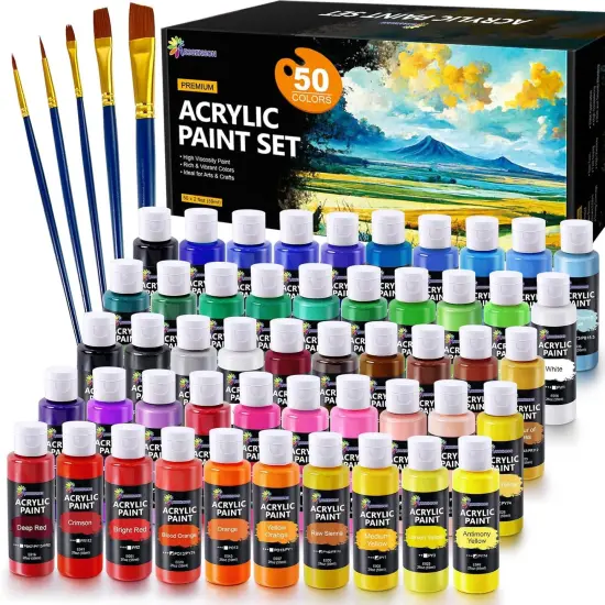Acrylic Paint Set, 50 Colors Acrylic Paint with Brushes, 2oz Bottles, Rich Pigments Paint for Artists Kids & Adults, Art Supplies for Canvas Rock Ceramic Wood Painting {1}