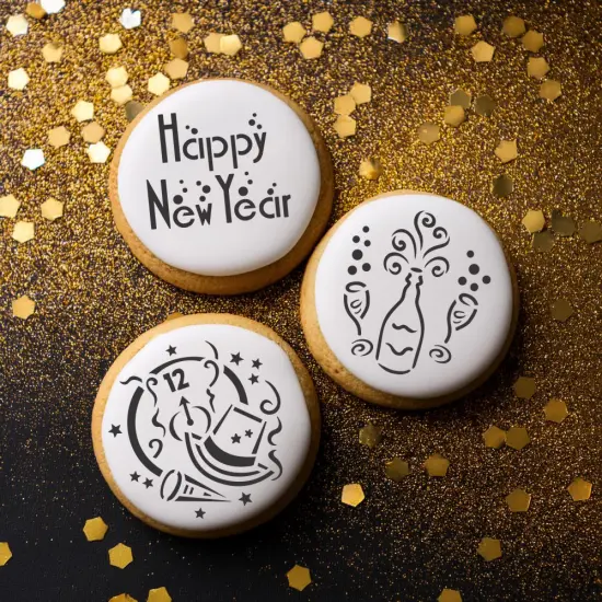 Happy New Year Cookie Stencil | C751 by Designer Stencils | Cookie Decorating Tools | Baking Stencils for Royal Icing, Airbrush, Dusting Powder | Reusable Plastic Food Grade Stencil for Cookies | Easy to Use & Clean Cookie Stencil {3}