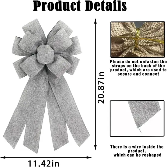 Grey Burlap Wreath Bow 20 x 11 Inches Birthday Holiday Ribbon Bow Carnival Farmhouse Bow Tree Ornament for Home Front Door Decorations {2}