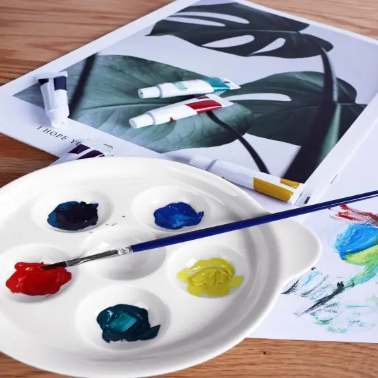 Ceramic Artist Paint Palette, 6.5 Inch Watercolor Palette with 6 Holes and Handles, Mixing Tray for Gouache Painting, Tempera Painting, Easy to Clean White, 2 Pack {1}