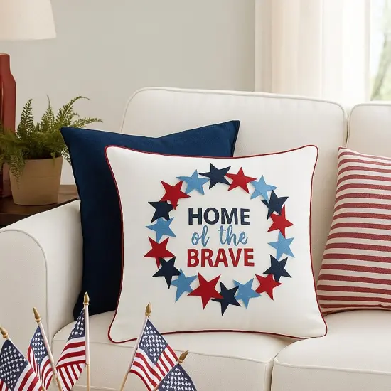 Patriotic "Home Of The Brave" Wreath Pattern Applique Accent Throw Pillow, 18" x 18" {4}
