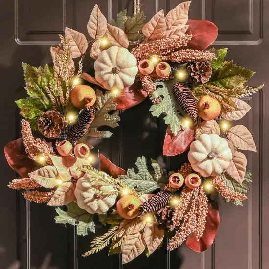 Silk Maple Leaves Wreath with Lights White Pumpkins Berries - Fall {1}
