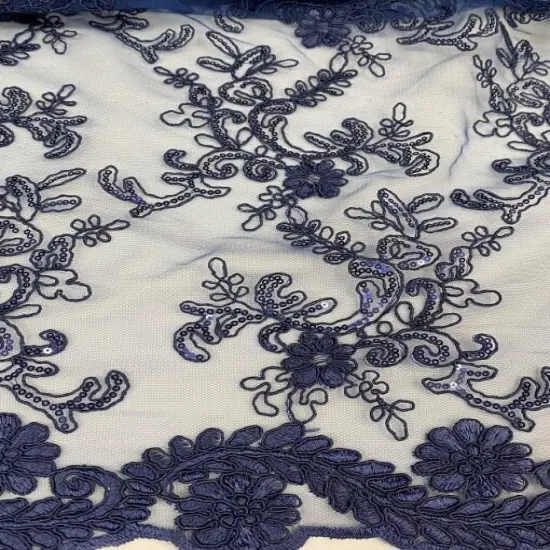 1 Yard Navy Blue Corded Sequin Lace Mesh Fabric with Double Scalloped Edge 54&rdquo; Wide {5}
