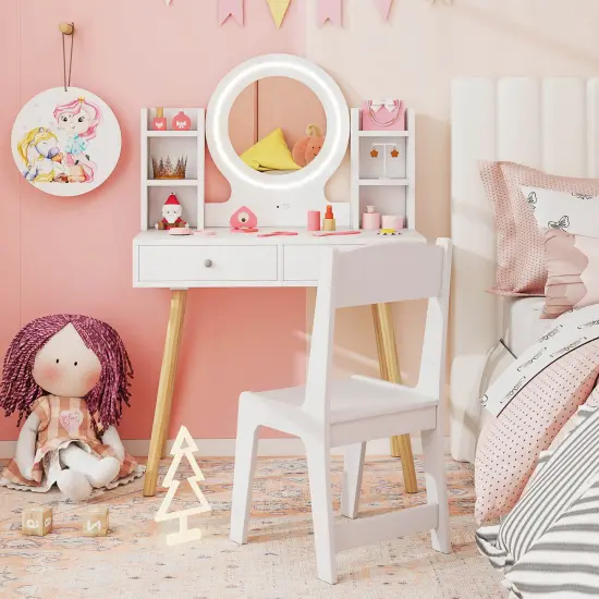 Costway Kids Vanity Set Princess Vanity Desk Set with 2-Color LED Lighted Acrylic Mirror White/Pink {4}