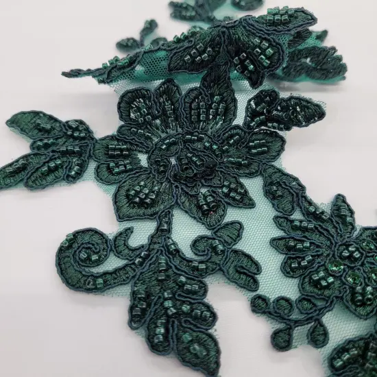 1 Pair Beaded & Corded Floral Lace Applique 100% Polyester Net Mesh 12.5" x 5" Each Side Hunter {6}