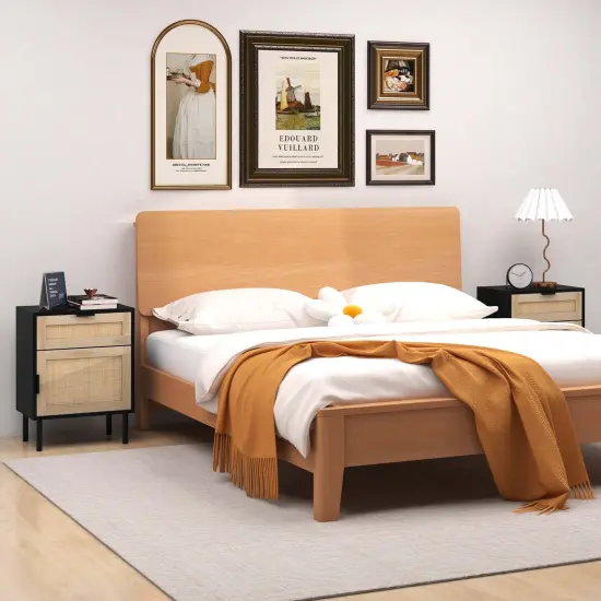 Costway Rattan Nightstand Set of 2 Mid Century Modern End Table with Drawer & Cabinet {5}