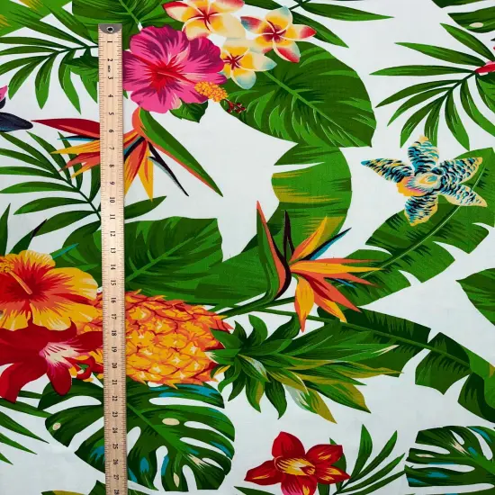 1 Yard Pineapple Tropical Flowers & Leaves Cotton Fabric 100% Cotton, 45&rdquo; Wide Orange {7}