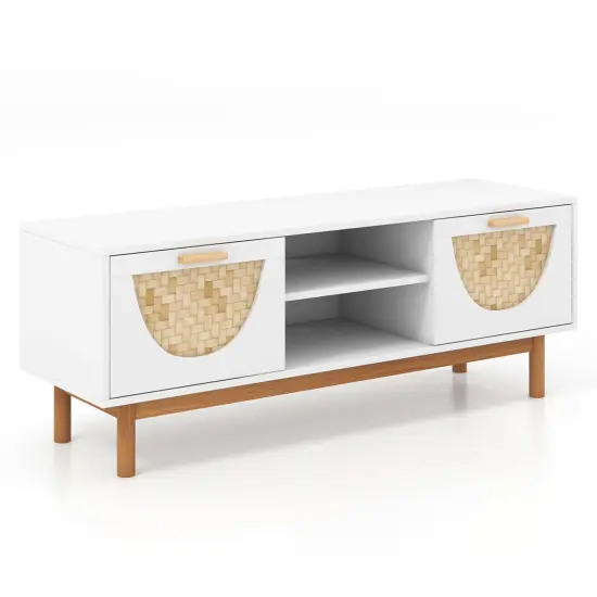 Costway TV Stand for 55-Inch TVs with 2 Drawers & Bamboo Woven Fronts Solid Wood Legs White {9}