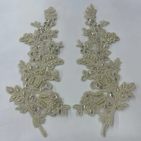 1 Pair Beaded & Corded Floral Lace Applique 100% Polyester Net Mesh 12" X 3.5" Each Side Antique Gold {1}
