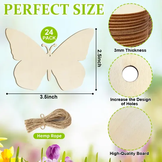Wooden Butterfly Ornaments to Paint Spring Decoration Cutouts Unfinished 24PCS 3.5 x 3 inches, DIY Blank Unfinished Wood Discs Ornament for Home Crafts Hanging Easter St. Patrick Day Decoration {2}