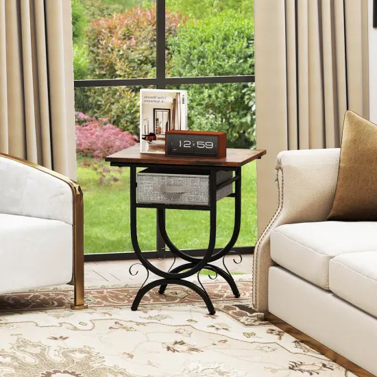 Costway 1/2 PCS Side Table with Fabric Drawer Carved Metal Frame Industrial End Table Nightstand {6}