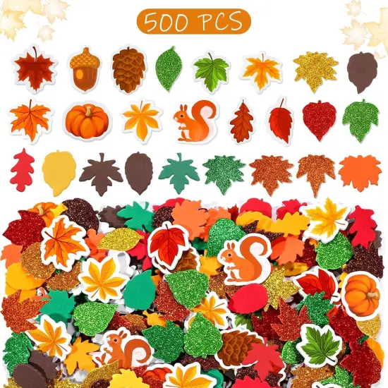 500 Pieces Fall Leaf Foam Stickers Thanksgiving Glitter -multicolor {2}