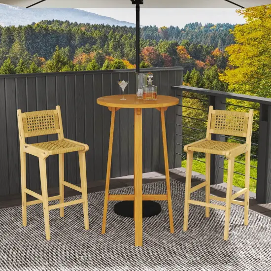 Costway 1/2/4 PCS Patio Teak Wood Bar Stool Outdoor Bar Height Chair with Rattan Backrest & Seat {2}