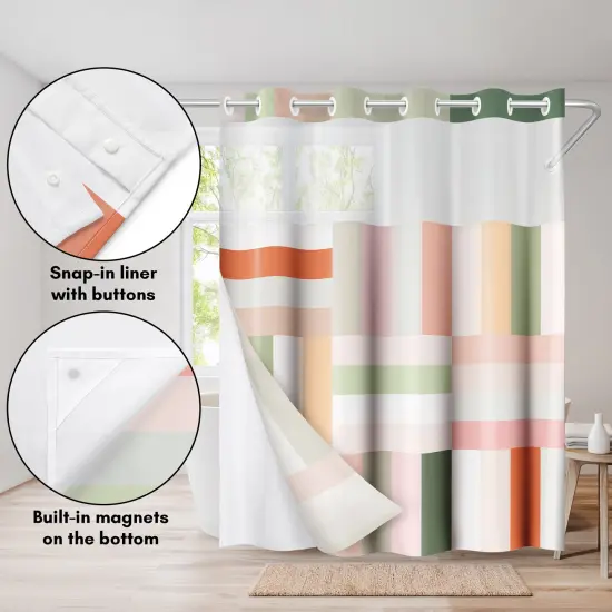 Americanflat 72x75 Hookless Shower Curtain - Abstract Pink Green Orange Shower Curtain with Sheer Panel, Snap-In Liner, and Grommets - 100% Polyester {4}