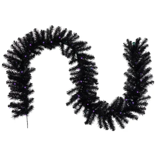 Northlight Pre-Lit Black Crystal Pine Artificial Halloween Garland - 9' x 12" - LED Purple {3}