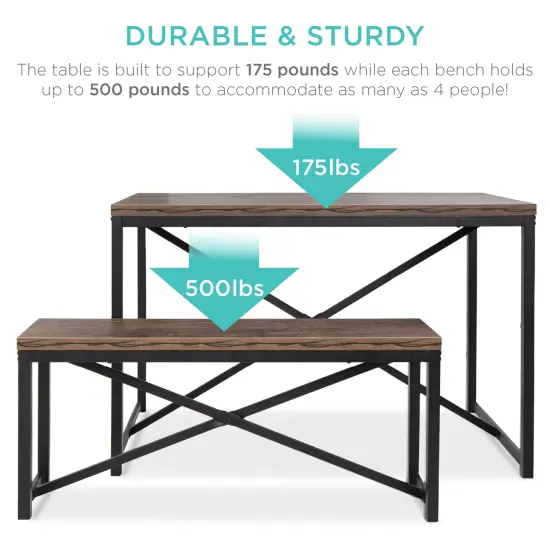 Best Choice Products 45.5in 3-Piece Bench Style Dining Furniture Set, 4-Person Dinette w/ 2 Benches, Table Brown/Black {6}