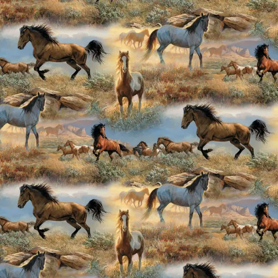Horses on the Prairie Cotton Fabric | By The Yard | Sewing and Crafting | 44 inches wide {1}