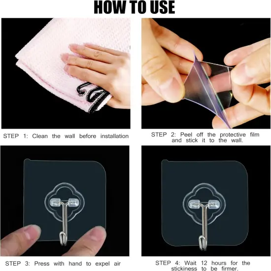 Adhesive Hooks, 32 Pack 33lb(Max) Sticky Hooks, Transparent Reusable {3}