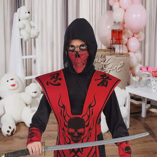 Red Black Ninja Costume for Kids with Skull Mask and Warrior Accessories {3}