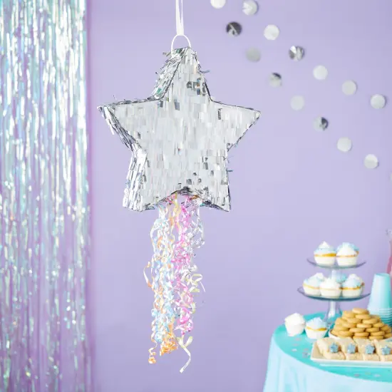 Pull String Star Pinata for Twinkle Twinkle Little Star Gender Reveal Decorations and Birthday Party Supplies (Silver, 13x13x3 in), Ages 3-14 {2}