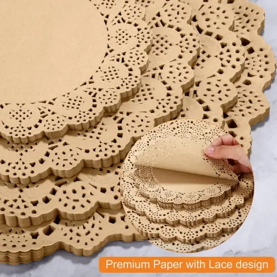 200 Pack Round Brown Lace Paper Doilies Disposable Decorative Paper Placemats Assorted Size 6.5, 8.5, 10.5, 12 inch Table Paper Pad Mats for Buffet Cake Food Party Wedding Tableware Decoration {3}