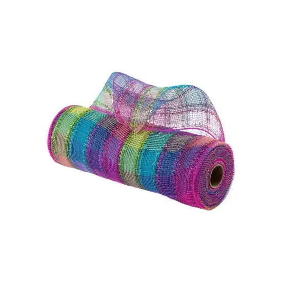 10" Poly Deco Tinsel Mesh Ribbon: Fuchsia, Purple, Lime, Turquoise Check (10 Yards) {3}