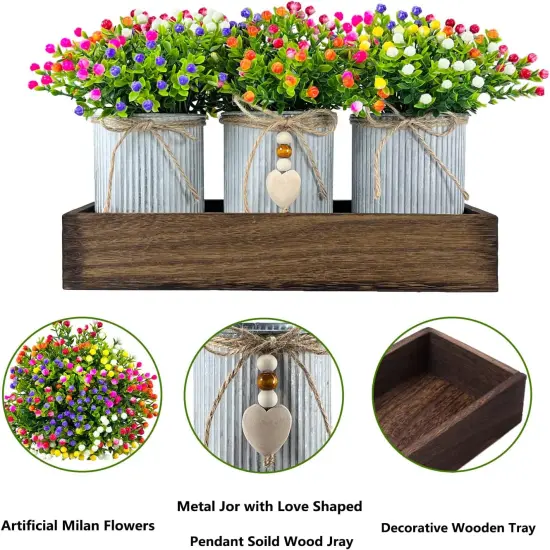 Table Centerpiece Decoration Artificial Flower Set with 3 Fake Milan Bouquet and Wood Tray for Desk Home Bathroom Office D&eacute;cor {2}